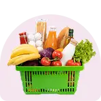 Fresh groceries such as fruits and vegetables organized in baskets on a market stall, set in a clean and vibrant marketplace, creating a wholesome and lively feeling
